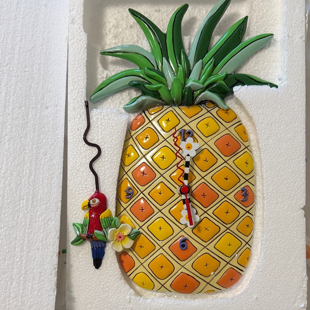 Tropical Pineapple Wall Clock with Parrot Accent
